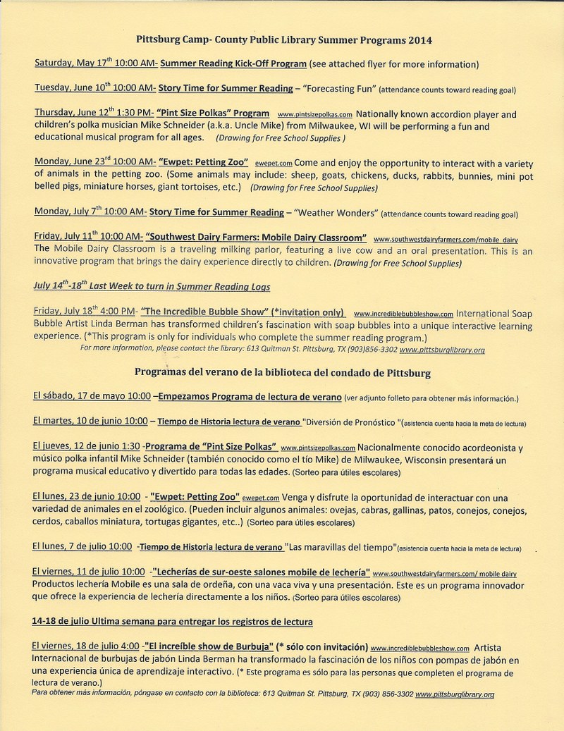 2014 Summer Program Schedule