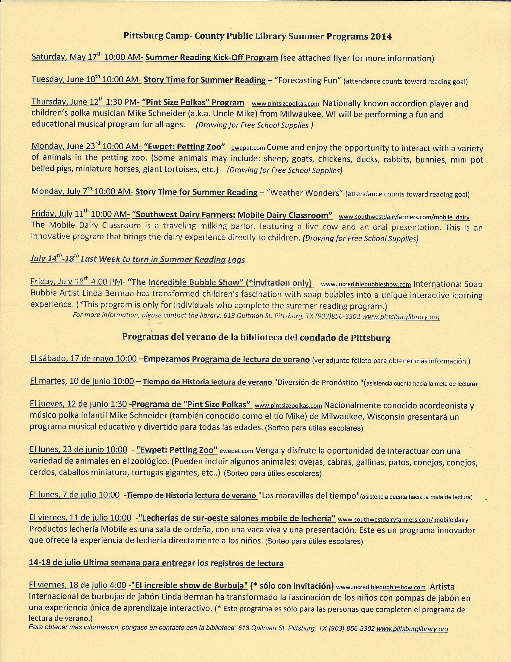 2014 Summer Program Schedule